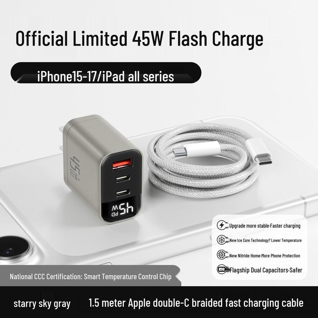 45W Gallium Nitride Fast Charger with Three Ports for iPhone 16 Pro Max