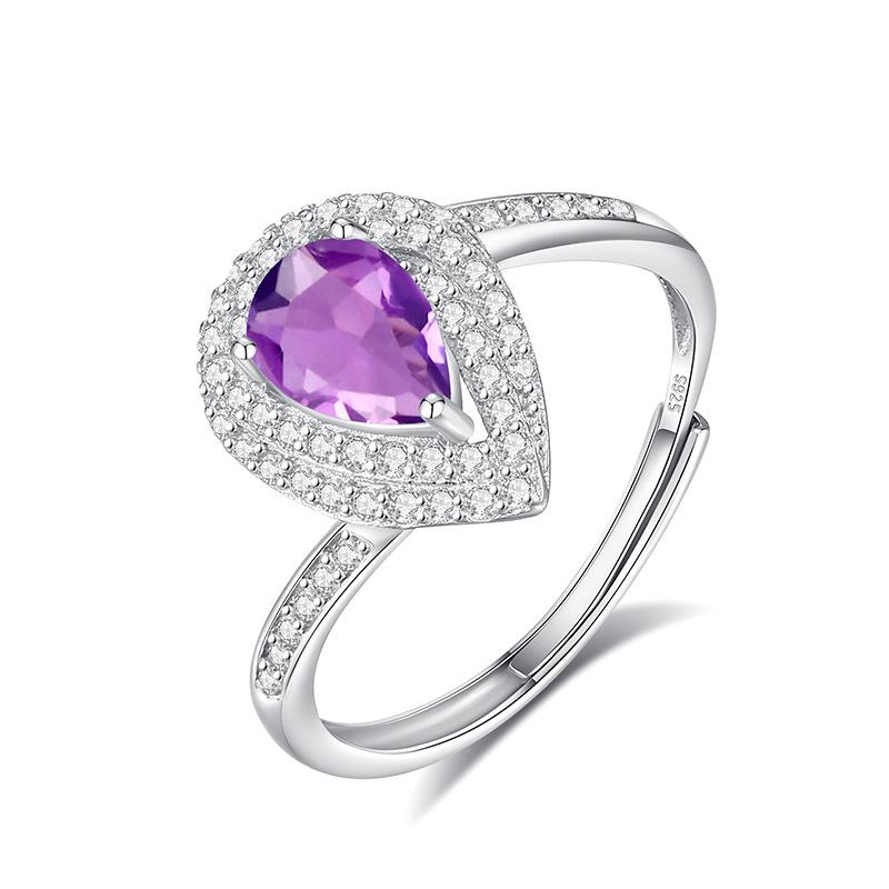 Elegant S925 Sterling Silver Water Drop Ring, Inlaid Natural Amethyst Crystal, Adjustable Pear Shape Ring, Fashion Jewelry for Women alive