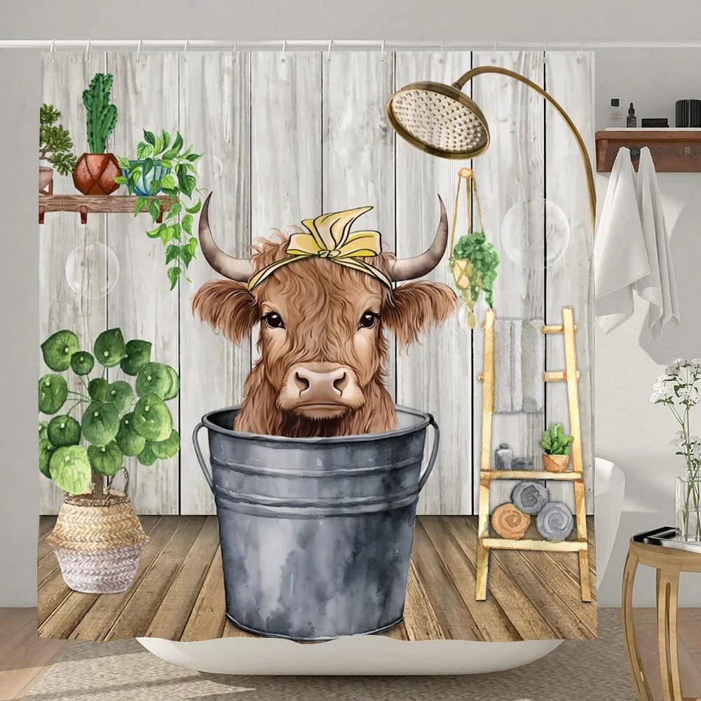 Highland Cow Shower Curtain Farmhouse Funny Bull Rustic Western Watercolor Spring Florral Cute Animal Plant Kids Bathroom Decor