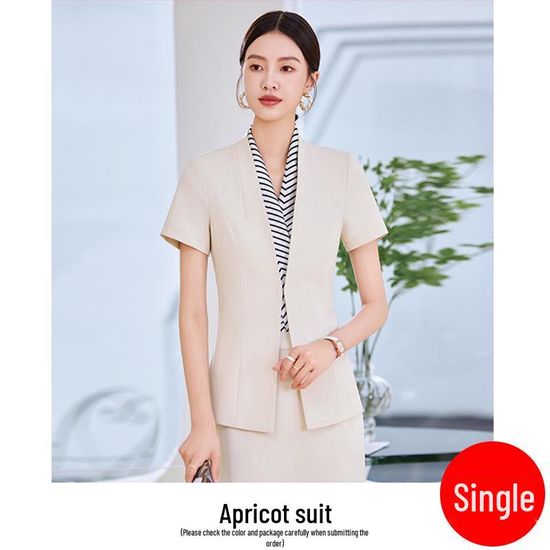 

Шикарный черный костюмный комплект с короткими рукавами и без воротника: Профессиональная рабочая одежда для изысканных женщин S