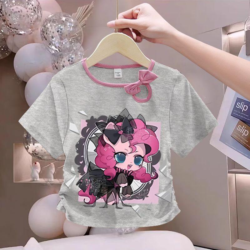 Girls' Fashionable Bow Tie Top for Summer, Children's Round-neck Short-sleeved Pure Cotton T-shirt