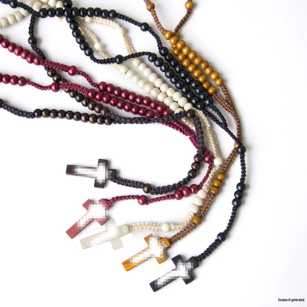 In Stock: Natural Wood Bead Cross Rosary Necklace - Hand-Woven Prayer Jewelry