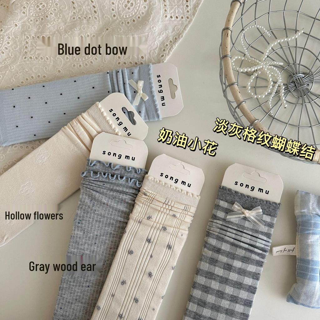 Bowknot Women's Grey-Blue Ballet Style Mid-Calf Socks, Autumn/Winter, Thin Seamless Cotton, Korean Style.