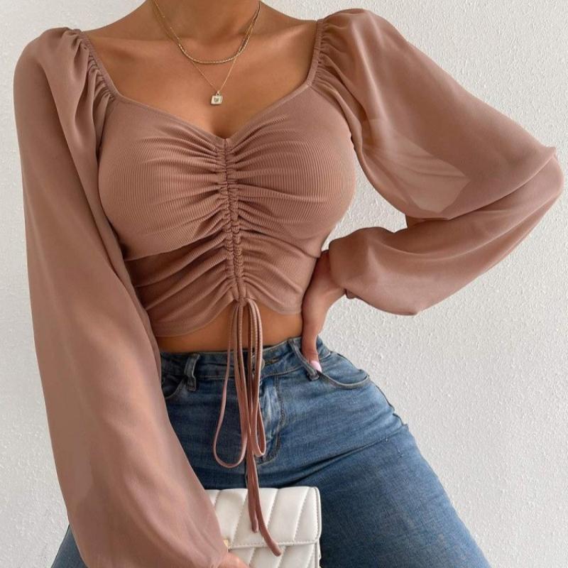 Summer New V-neck Drawstring Chiffon Blouse Women Vintage Lantern Sleeve Slim Fashion Sexy Women's Shirt Tops Elegant Solid Ladies Crop Blouse 25156