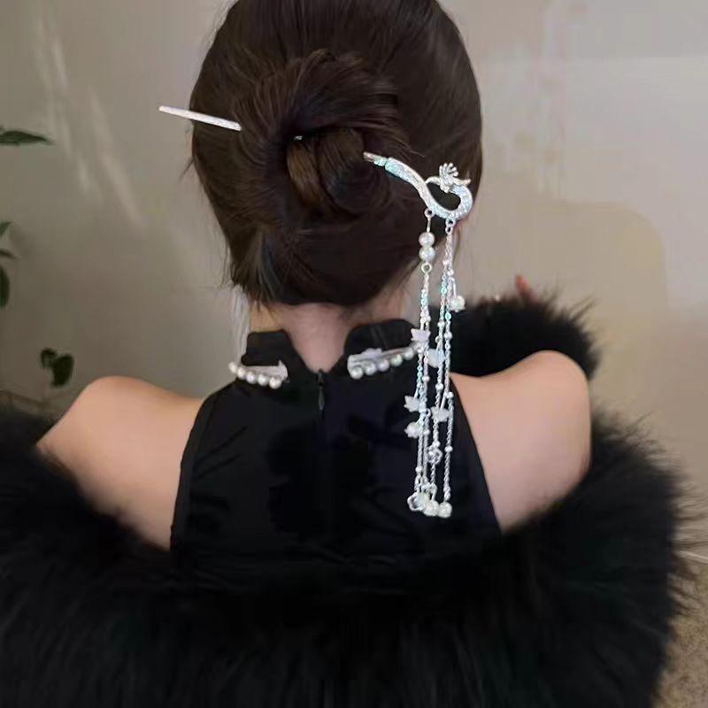 Elegant Retro Phoenix Tassel Hairpin with Pearls – Versatile Women's Headdress Accessory