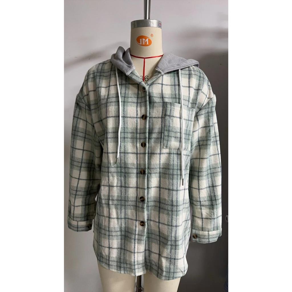 Fall Winter Women's Plaid Color Block Hooded Long Sleeve Loose Wool Coat