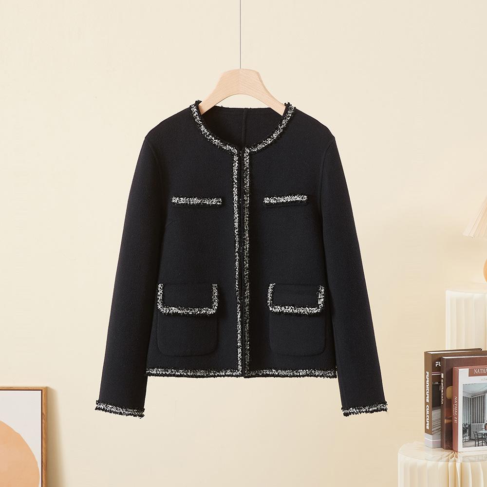 

Puyuan woolen wool cashmere woven belt temperament elegant double-sided woolen jacket fur collar S чорний