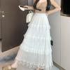 Qooth Lace Patchwork Pleated Fairy Tiered A-Line Maxi Skirt High-Waist Slimming Layered Cake Long Skirt for Women QT2866