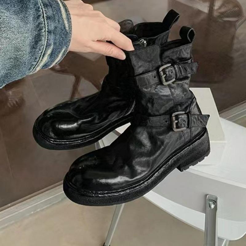 Bottes courtes en cuir véritable à talon plat et bout rond pour femmes, semelles épaisses, bottes de chevalier polyvalentes, décontractées et à la mode, antidérapantes