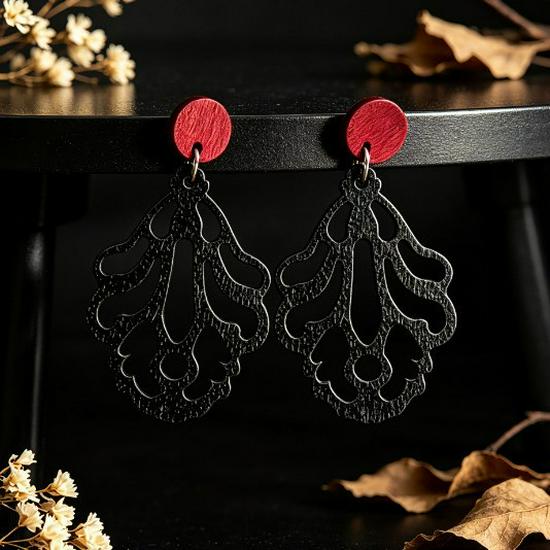 Retro Black Leaf and Red Round Wooden Dangle Earrings - Minimalist Hollow Flower Design