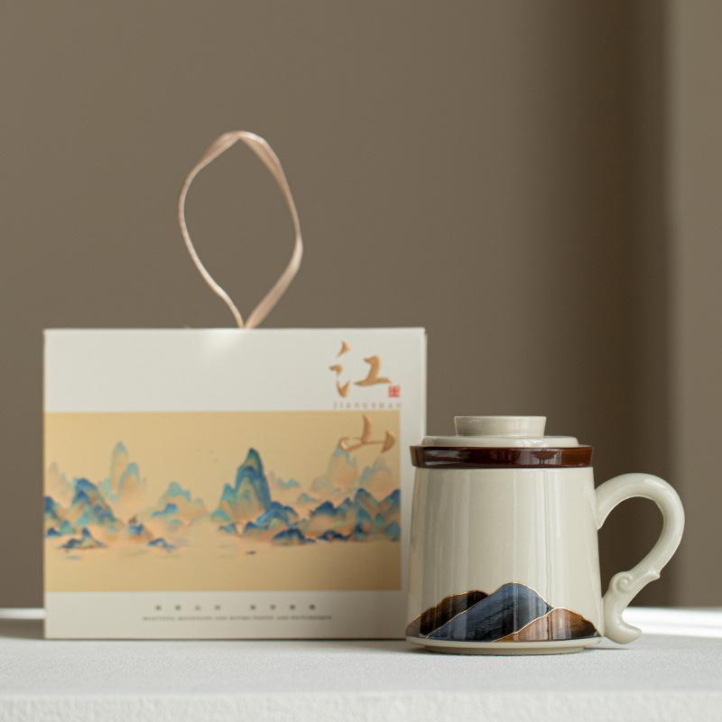 Mountains and rivers tea separation tea cup ceramic mug with lid wooden handle filter tea tea cup office