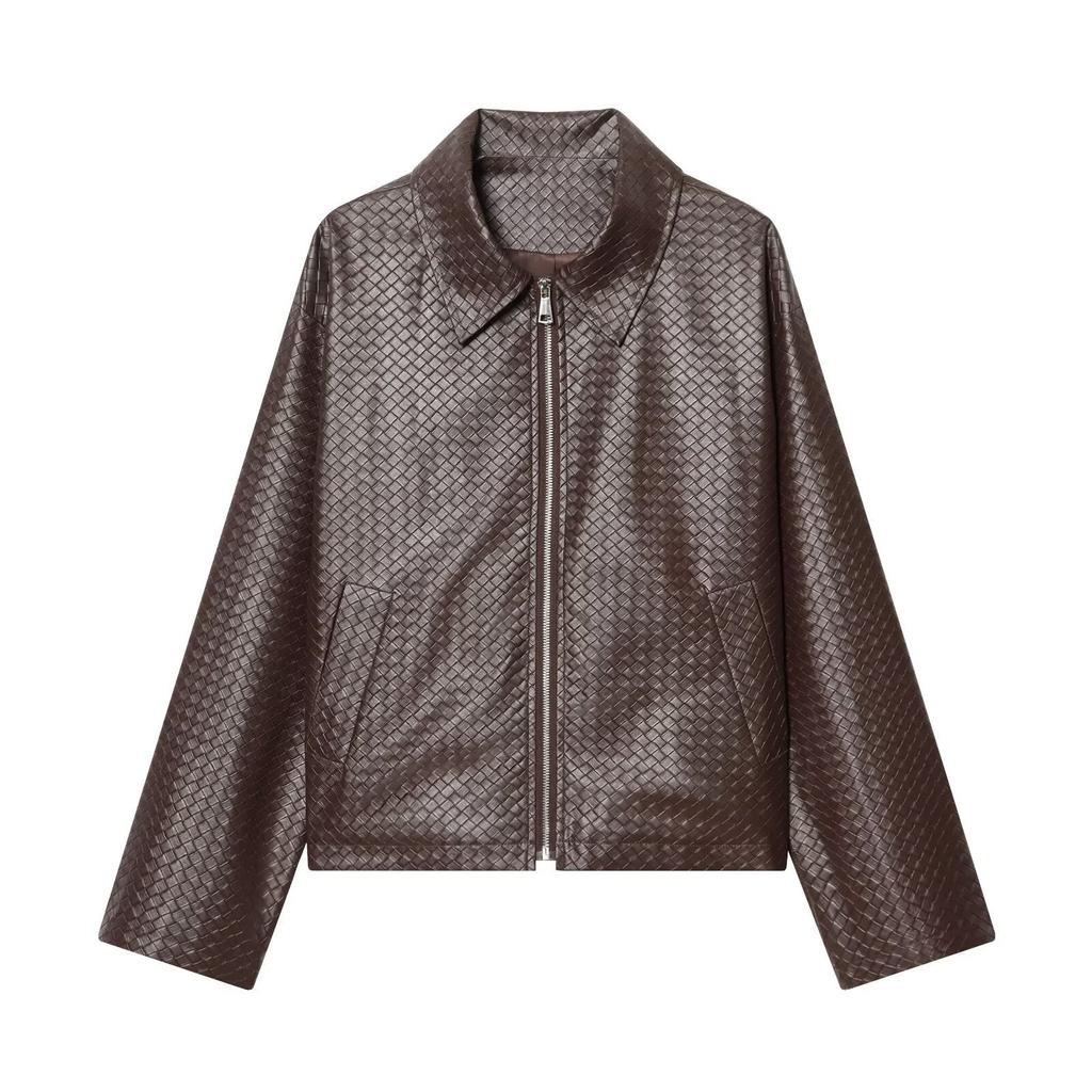 2026 Spring New European and American Cross-border Women's Clothing Woven Leather Lapel Short Jacket W063 9437