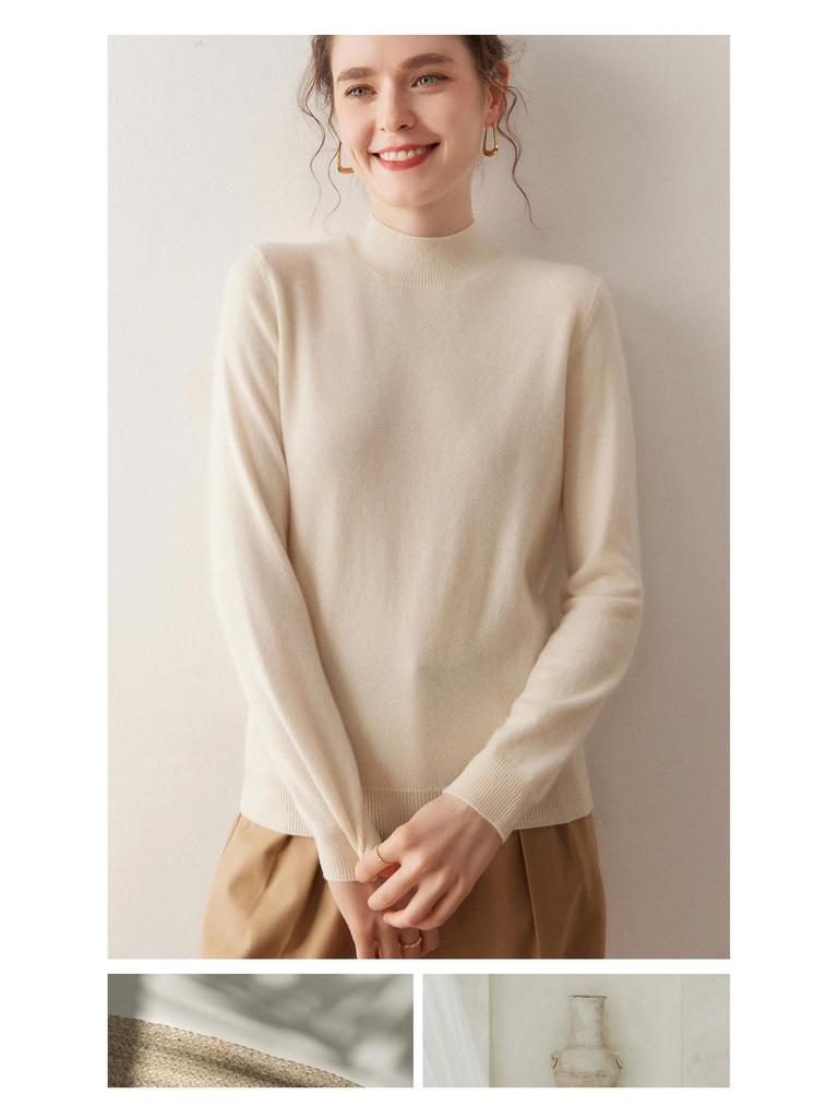 Autumn/Winter Women's Pure Cashmere Semi-High Neck Loose Knitted Sweater Pullover.