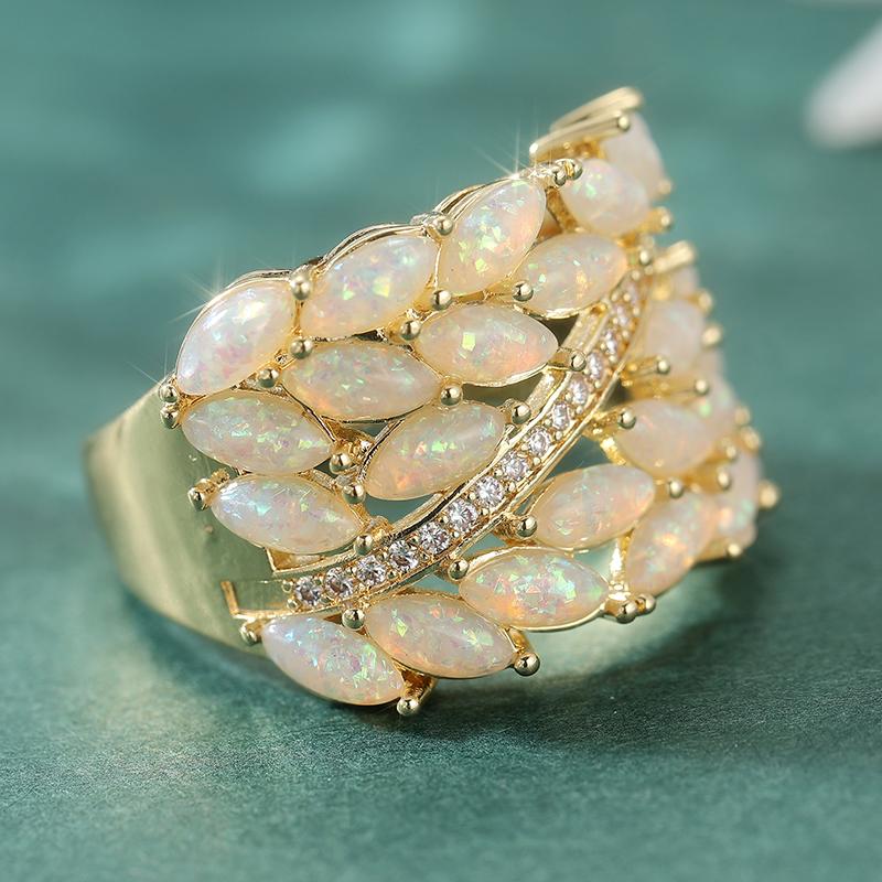 Luxury Inlaid White CZ Imitation Opal Women's Ring Dazzling Gold Color Geometry Daily Wear Party Jewelry Anniversary Gift