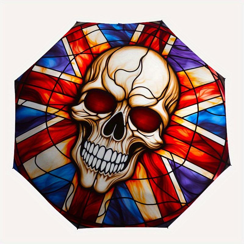 Buntes Totenkopf-Fensterkunst-Dekor, Tragbarer 3-fach kompakter Regenschirm, Weihnachtsgeschenk ES641