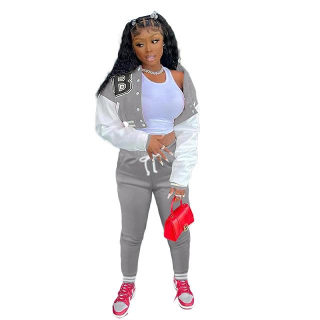 

Adogirl повседневный бейсбольный комплект из двух предметов, осенний женский спортивный костюм, топ с длинными рукавами + узкие брюки, одинаковые наряды, уличная одежда S серый
