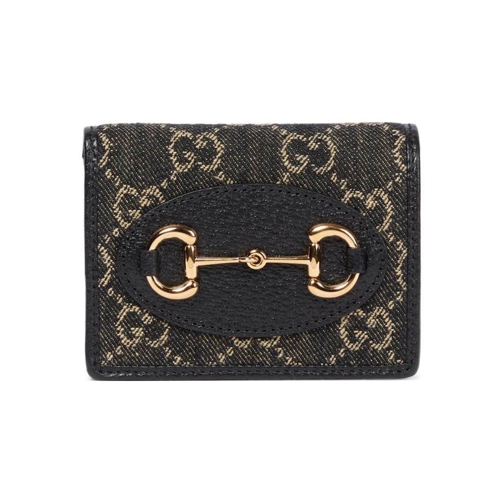Gucci Horsebit 1955 Black Denim GG Supreme Bi-fold Wallet With Gold Hardware For Unisex Luxury Daily Use