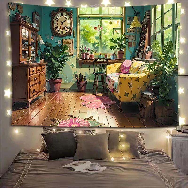 

Charming Cottage Bedroom Tapestry Cozy Interior Lush Greenery Unique Wall Art for Home Decor Nature Lover Gift 74x94cm(29x37in)