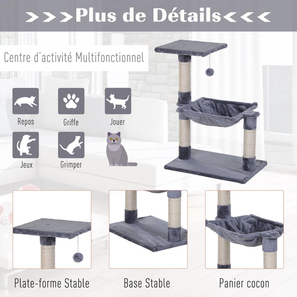 Cat Tree, 3 Sisal Posts, Platform, Hammock, 50 x 36 x 70 cm, Grey