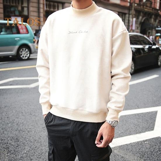 Men Spring Fall Top Double-sided Velvet Half-high Collar Loose Printing Elastic Cuffs Solid Color Loose Pullover Long Sleeves Sport School Daily