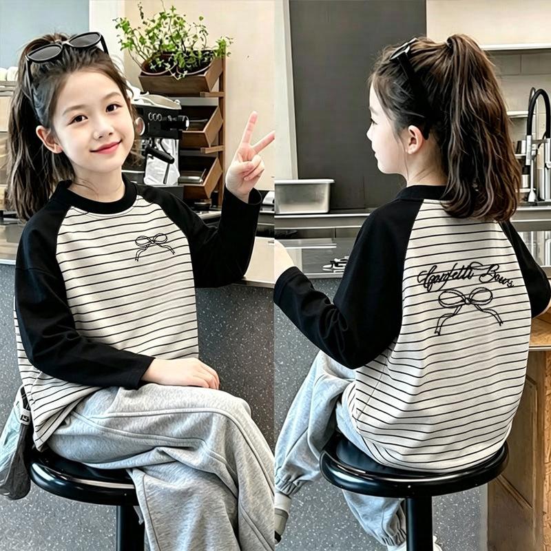 Korean Girls' Striped Cotton Long-Sleeve T-Shirt for Spring/Autumn - Medium & Large Children