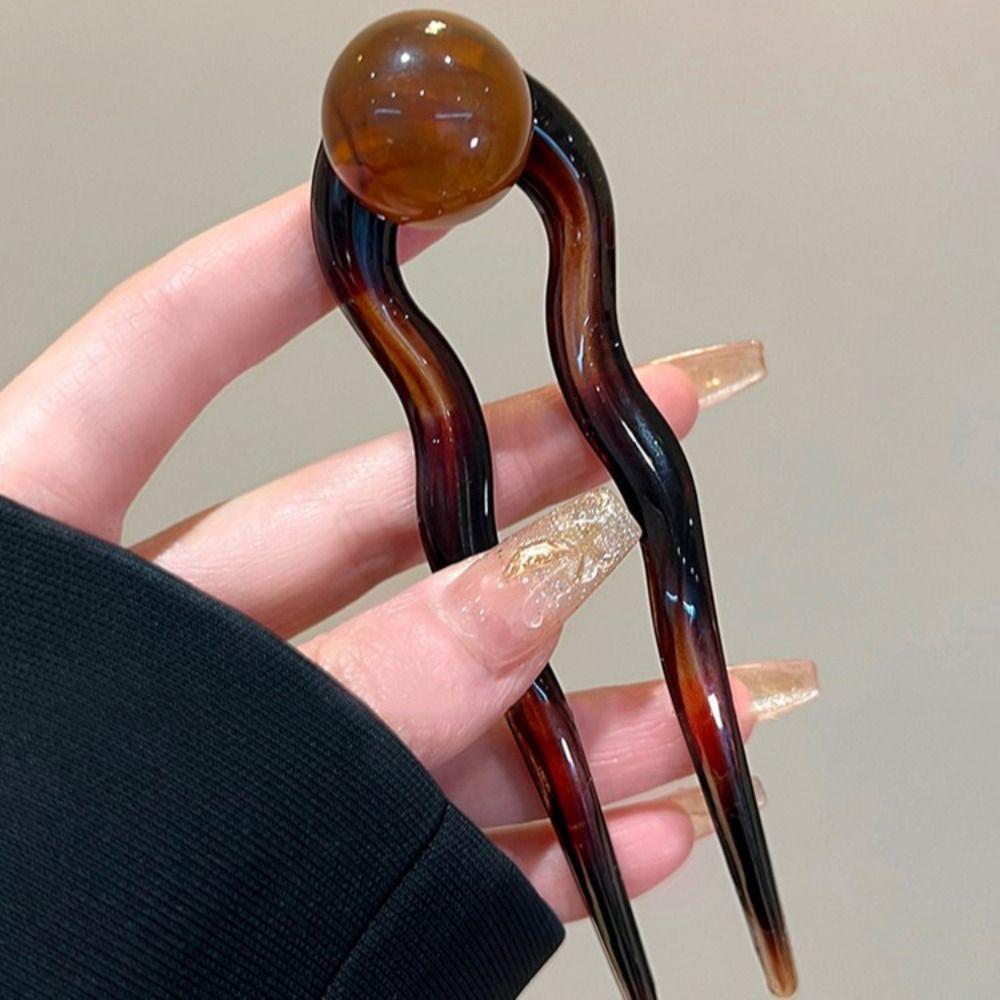 Korean Style Bead Hair Stick Acrylic Pan Hair Fork Elegant U-shaped Hairpin Girls