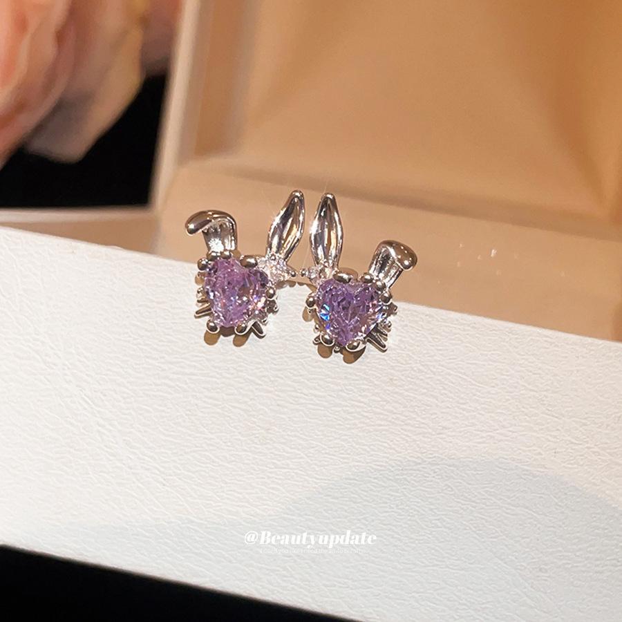 Custom Zircon Heart Rabbit Stud Earrings - Unique Geometric Jewelry for Women