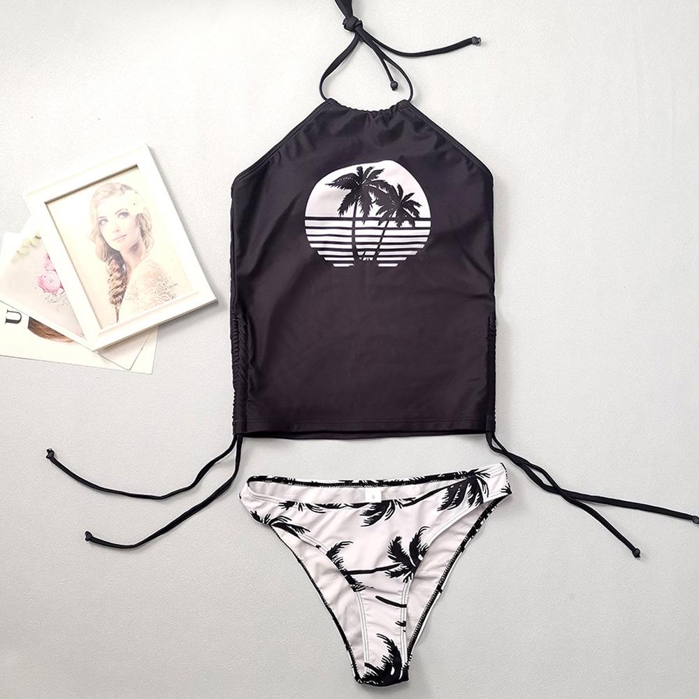 23-Year Coconut Tree Print Halter Neck Tie-Up Tummy Control Plus Size Women's Bikini