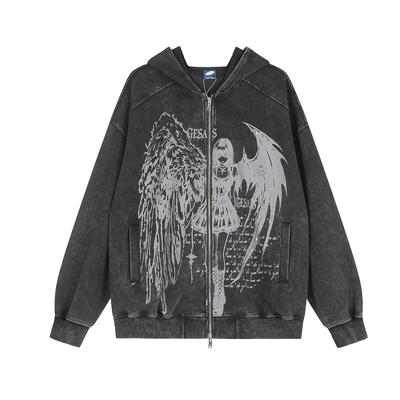 Mens Oversized Hooded Sweatshirt With Abstract Cartoon Print Washed Vintage Style Loose Fit Long Sleeve Casual Wear