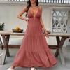 Summer New Style Solid-color Wide-sleeved Deep V-neck Beach-style Dress for Vacation, Relaxed Seaside Dress for Women