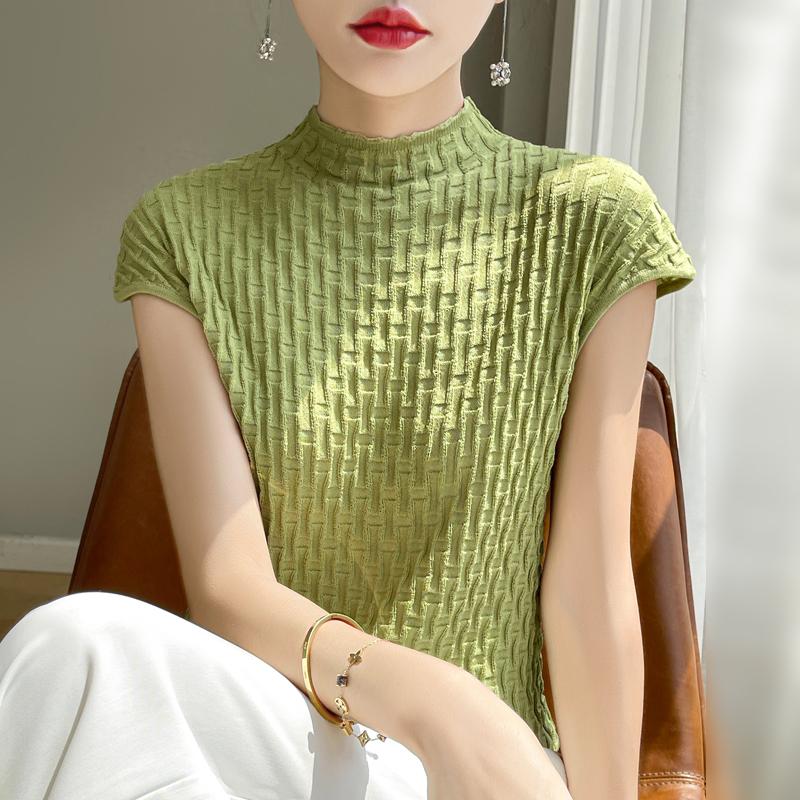 Women T-shirt Tank Summer Knitted T-shirt Short Sleeve Tees Basic Tees Knit Top Pullover Turtleneck Female