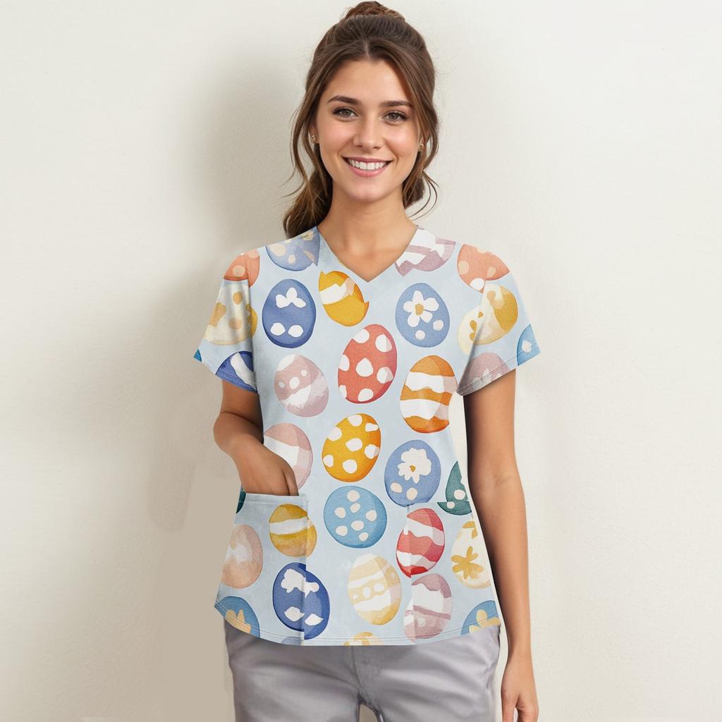 Women's Fashion V-neck Short Sleeve Workwear With Pockets Printed Tops