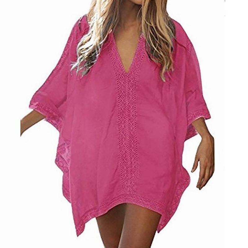 Frauen Urlaub Strand V-ausschnitt Casual Bluse Einfarbig Spitze Lose Sommer Sonnenschutz Shirt Badeanzug