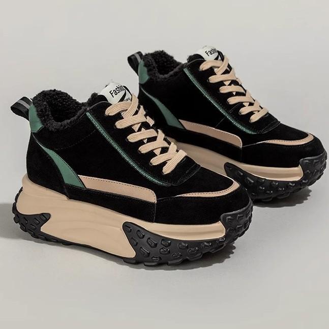 

Женские кроссовки на толстой подошве с высоким верхом из бархата, новая зимняя хлопковая обувь 2025 года, маленькая, повседневная, спортивная, универсальная 2025 40 зелёный