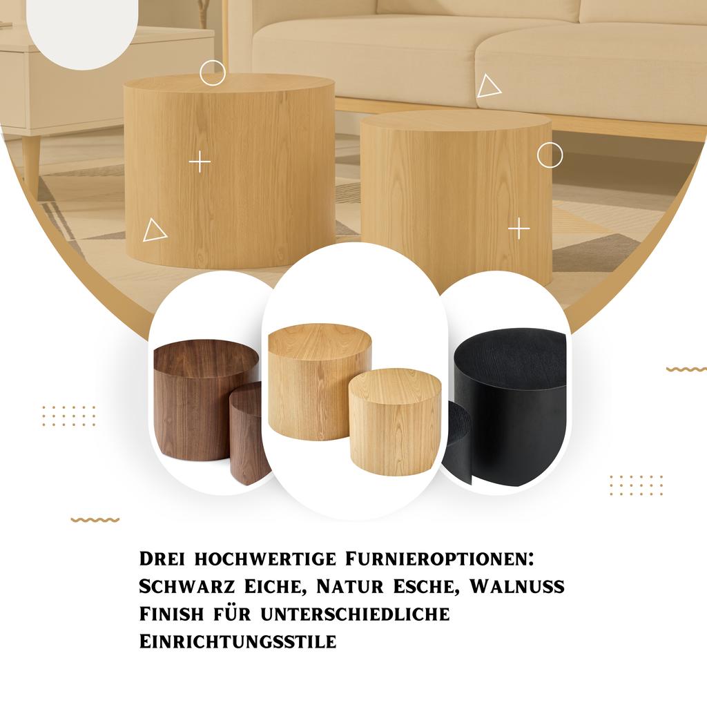 2-Piece Set Round Nesting Tables in 3 Colors: Ash Natural / Black / Walnut, water-repellent & warp-free (diameter 48x38 + diameter 38x32 cm)