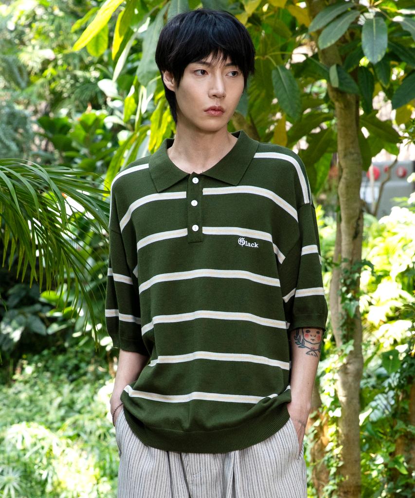 GLACK Gnt016 Mobster Striped Collar Knit (Olive)