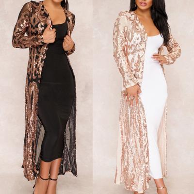 Lady Petticoats Plus Size Evening Party Women See-through Sequined Totem Open Front Long Sleeve Cardigan