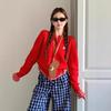 [Mianyang Velvet Three Roots] Korean Fake Two-piece Red Plaid Crew Neck Knitted Cardigan Women's Splicing Sweater Jacket