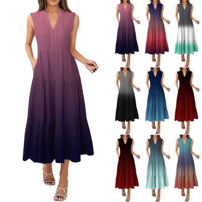 Women's Fashion Summer V-Neck Sleeveless Gradient Pleated Casual Dresses