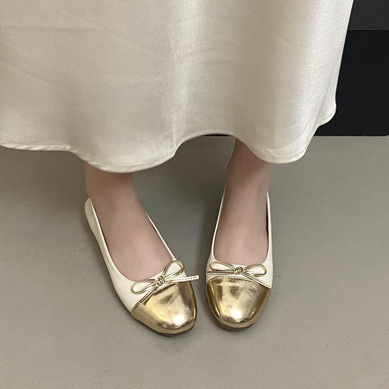 Fashion Round Toe Shallow Mouth Spliced Bow Slip-on Soft Non-Slip Wear-Resistant Square Heel Single Shoes