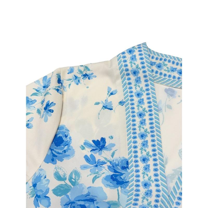 Women Floral Print V Neck Mini Dress Long Sleeve With Waist Tie And Border Print