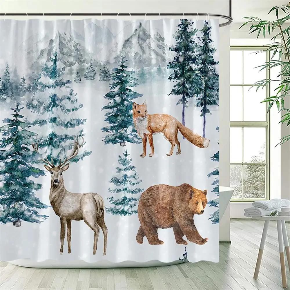 Winter Snowy Forest Shower Curtains Pine Tree Deer Snowflake Xmas Christmas Holiday Rustic Farmhouse Bathroom Decor with Hooks
