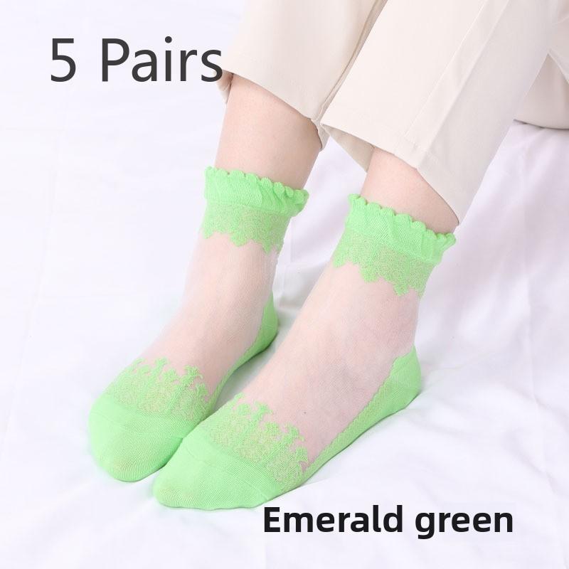 5 Pairs of Women's Spring Thin Mid Cylinder Cotton Sole Lace Lace Socks