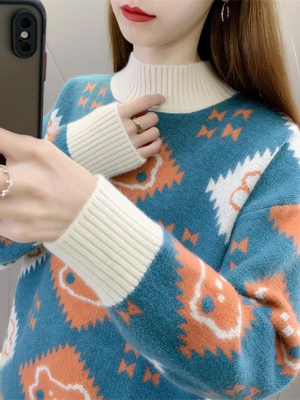 2024 Damenmode: Verdickter Jacquard-Lockerstrickpullover mit halbohem Kragen für Herbst und Winter