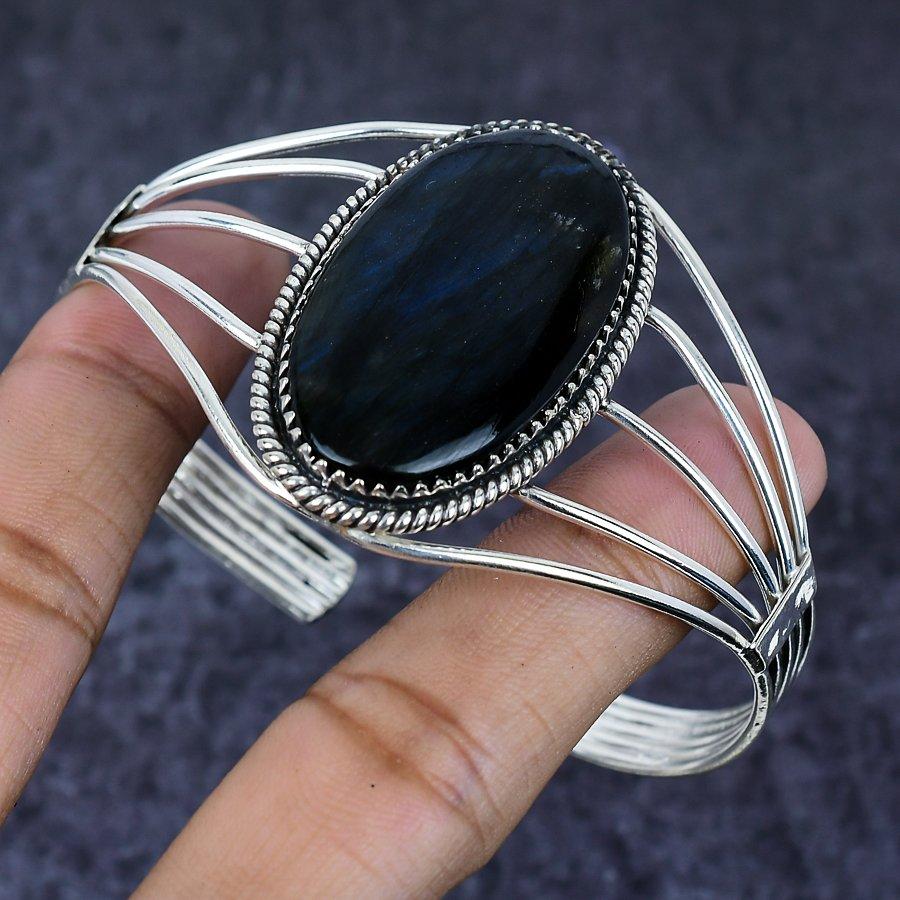 Naturalny Kamień Szlachetny Srebrny Obsydian Srebro Sterling 925 Bransoletka Manżeta Regulowana ETC-13913