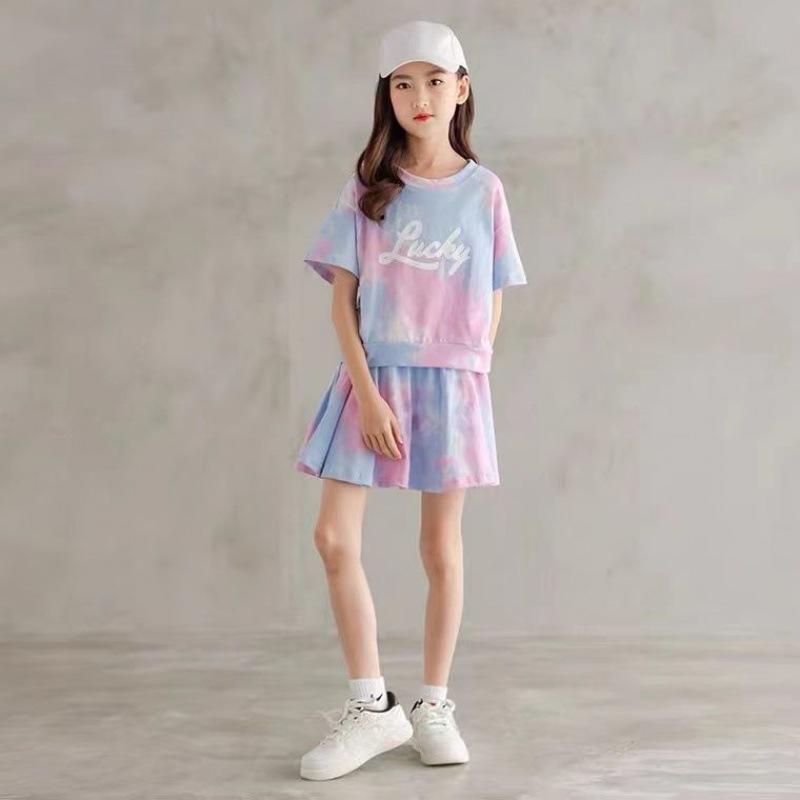 Girls' Tie Dye Suits Summer Korean Version Big Children Little Girls Short-sleeved Skirts Shorts Two-piece Trend