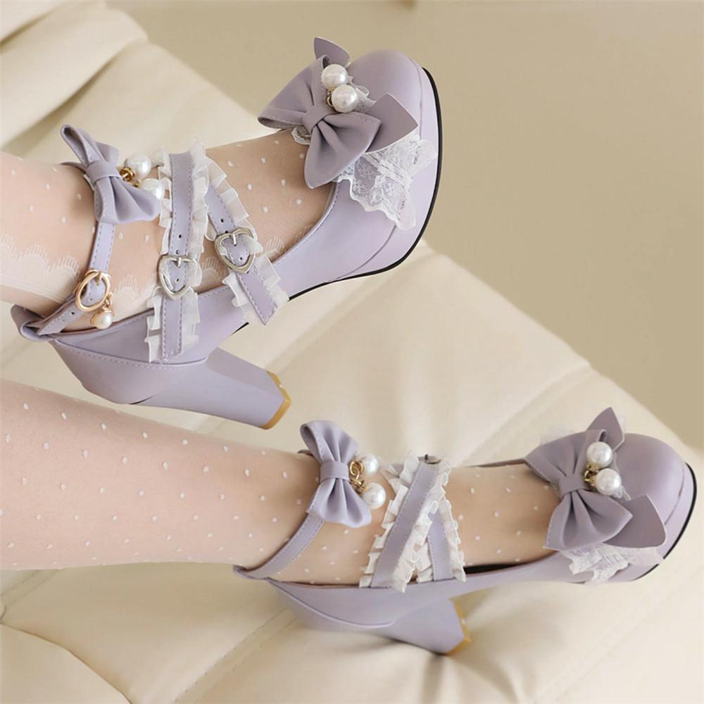 Fashion 2025Spring Autumn New High Heeled Sweet Lolita Gothic Style Cosplay Shoes Girls Lovely Bow Tie Bead Women Pumps Lace Cross Strap