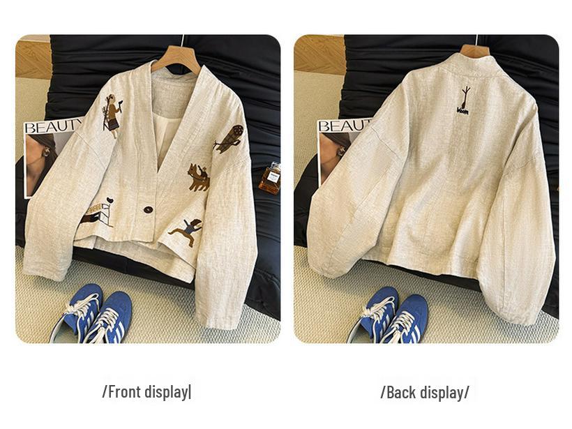 Chic Embroidered V-Neck Women's Jacket - 2025 Autumn Collection, Plus Size, Loose Fit, Short Style