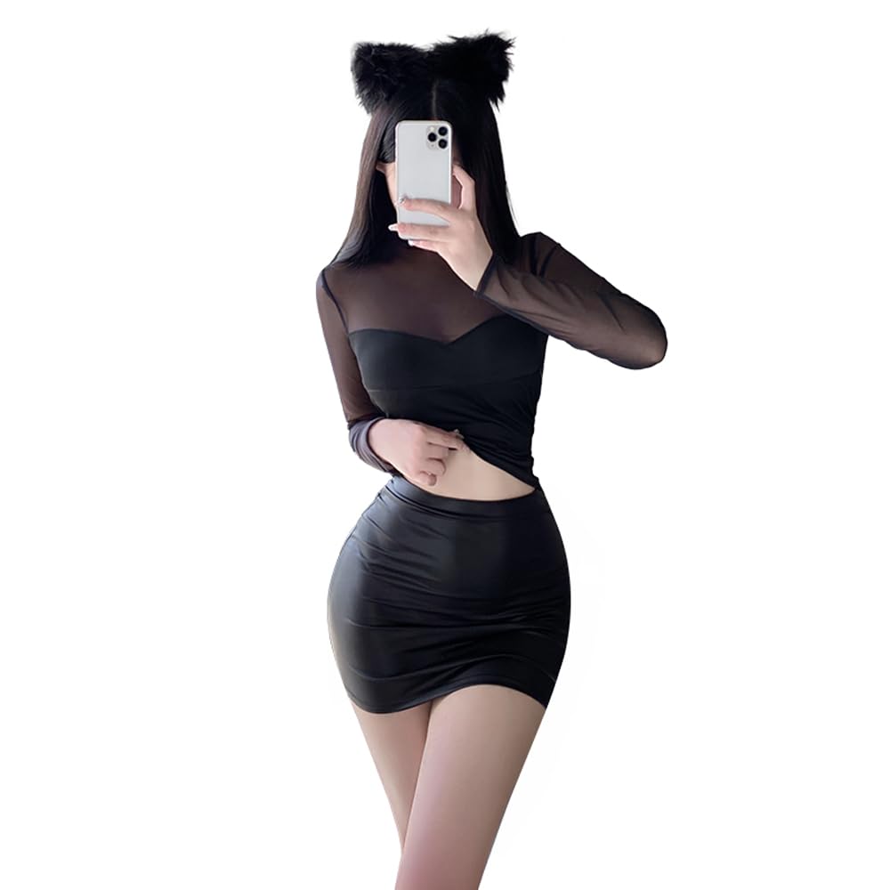 Female Leather Sexy Open Long Chest Zipper Extremely 3 Piece One Size Fits Most [YAISHN] Secretary, Teacher, OL, Style, Cosplay, See-Through, Chest,