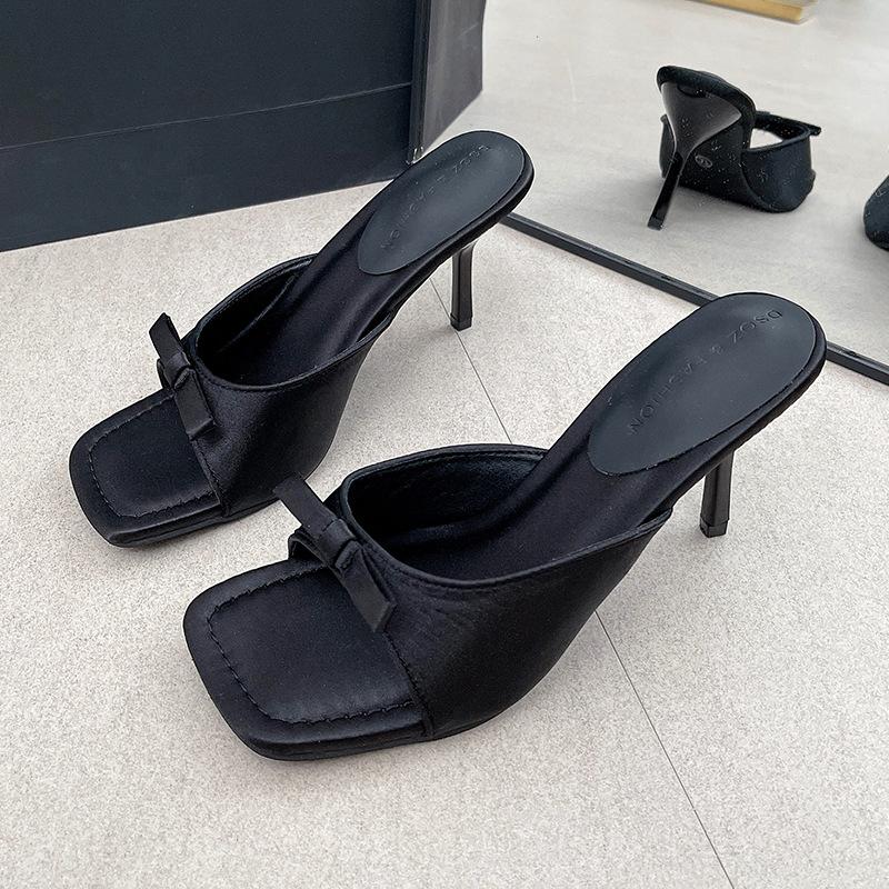 Temperament black bow high heels women's 2025 summer new versatile thin heel women's cool slippers